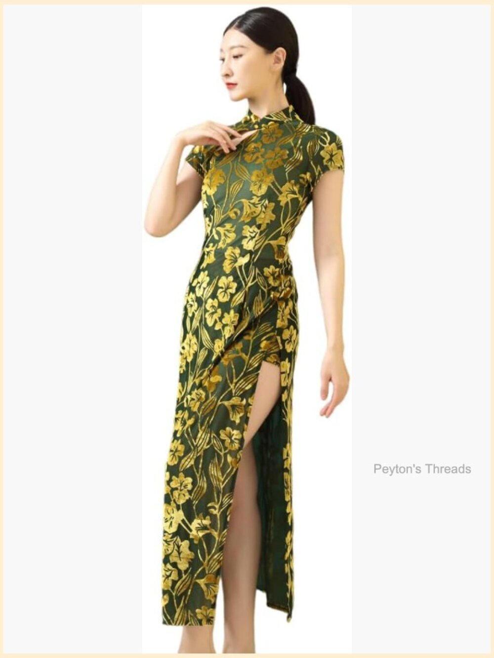 Floral Cheongsam Dress Mandarin Collar Midi Qipao with Slit